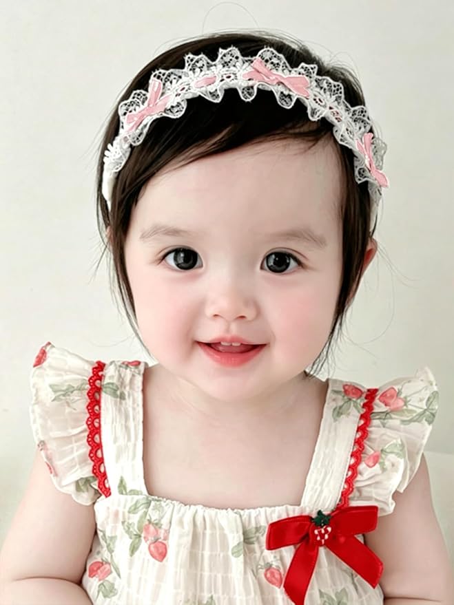 Baby Girls Hairbands Bow Lace Headband Handmade Soft Stretchy Pink Bowknot Hairbands Newborn Hairband with Bows Elastic Hair Bands for Kids Infant(Lace Pink Bow