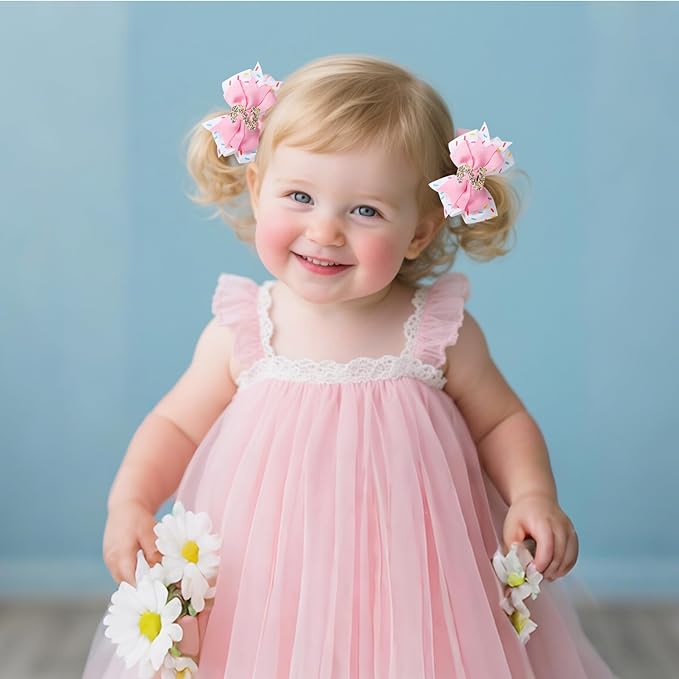 2 Pack 2nd Birthday Hair Bow for Baby Girls, Pink Hair Clips Hair Accessories for Girls 1 2 3 4 5 6 Years Birthday Confetti Ice Cream Party Supplies Decorations