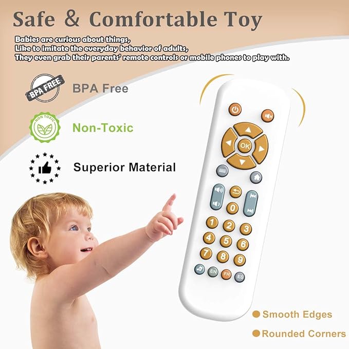 Baby TV Remote Control Toy with Light and Sound, Early Educational Music Toy with English/French/Spanish, Gift Toy for 6 Months+(White)