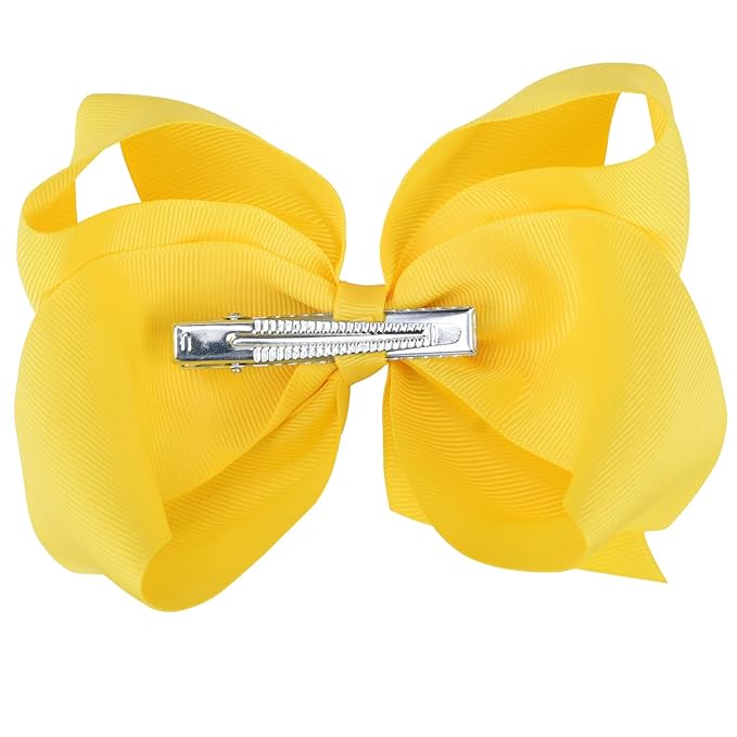 DEEKA 2 PCS 6" Big Hand-made Grosgrain Ribbon Solid Color Hair Bows Alligator Clips Hair Accessories for Little Teen Toddler Girls Kids Set of 2 -Yellow
