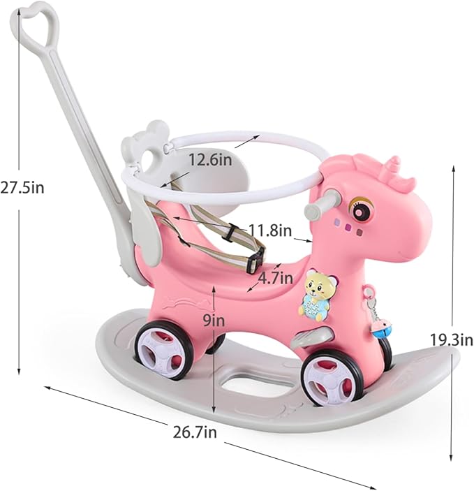 4 in 1 Rocking Horse for Toddlers 1.5-3 Years Old, Balance Bike Ride On Toys with Push Handle, Baby Rocking Toy Backrest and Balance Board for Baby Girl and Boy Fun Birthday Gift (Pink)