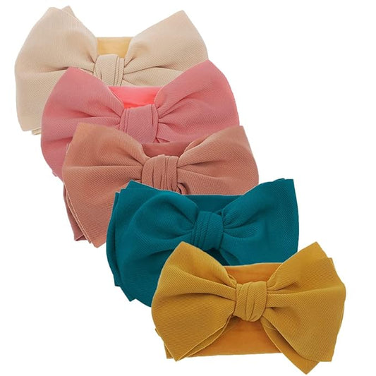 KIDOCHEESE Hairband, Baby Girl Nylon Headbands with Bows, Handmade Hairbands Elastics Hair Accessories for Newborn Infant Toddlers Kids, 5 Pcs (KK69-06)