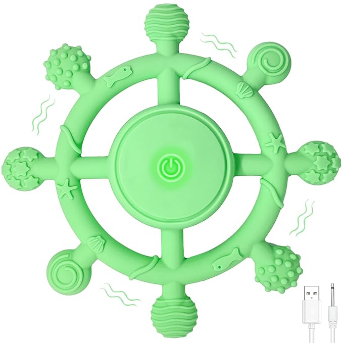 YOFUN 3-Speed Vibrating Baby Teether – Soothing Silicone Teething Toy for Infants 3M+, Food-Grade, USB Rechargeable – Soft & Safe Gum Relief for Babies (Green)