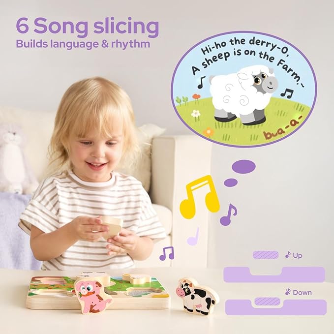 lalalark Musical Wooden Puzzles Toys, Tactile & Sound Farm Animal Toys for Baby 2-4, Montessori Educational Block Puzzles, Learning Toddler Kids Birthday Valentine Easter Gifts for Boys Girls