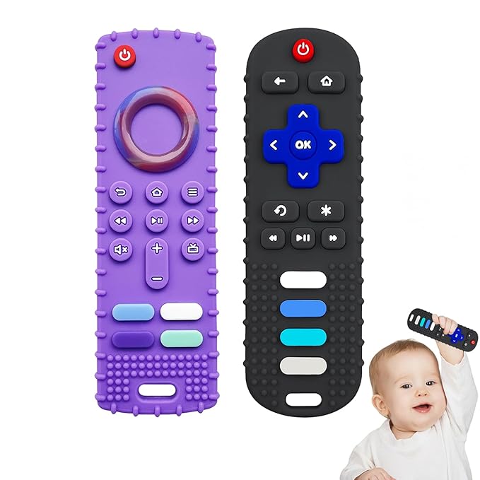 YAPROMO Baby Teething Toys,Reomte Teether Toys, Silicone Chew Toy for Babies 18+ Months, Remote Control Shape Teething Toys, Early Educational Toy BPA Free & Refrigerator Safe (Black01 & Purplr02)