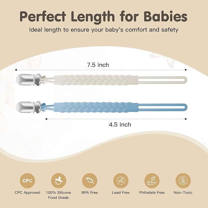 Silicone Pacifier Clips for Baby Boys and Girls, Woven Rope Flexible Design, Pacifier Holders for Teething Relief and Baby Essentials, Safe for Newborns (6 Pack)