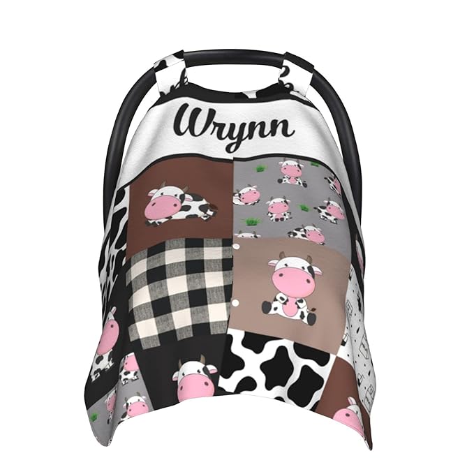 Personalized Baby Car Seat Canopy for Babies, Custom Name Car Seat Covers for Boys and Girls, Opening Minky Nursing Breastfeeding Cover for Infant, Carseat Canopies for Newborn (Cute Cow)