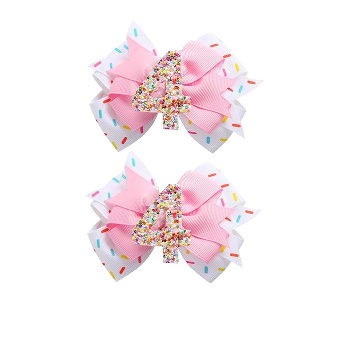 Birthday Hair Clips for Baby Girls - 2Pc Pink Sprinkle Bow Hair Clips for 4th Birthday Glitter Ice Cream Baby Bow Party Decorations for Girls Toddlers Hair Accessories (Pink-4 Years)