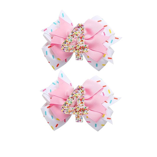 Birthday Hair Clips for Baby Girls - 2Pc Pink Sprinkle Bow Hair Clips for 4th Birthday Glitter Ice Cream Baby Bow Party Decorations for Girls Toddlers Hair Accessories (Pink-4 Years)