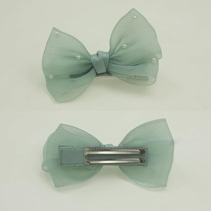 Nihao Baby Pearl Light Green Bow Hair Clips for Little Girl - 2Pcs