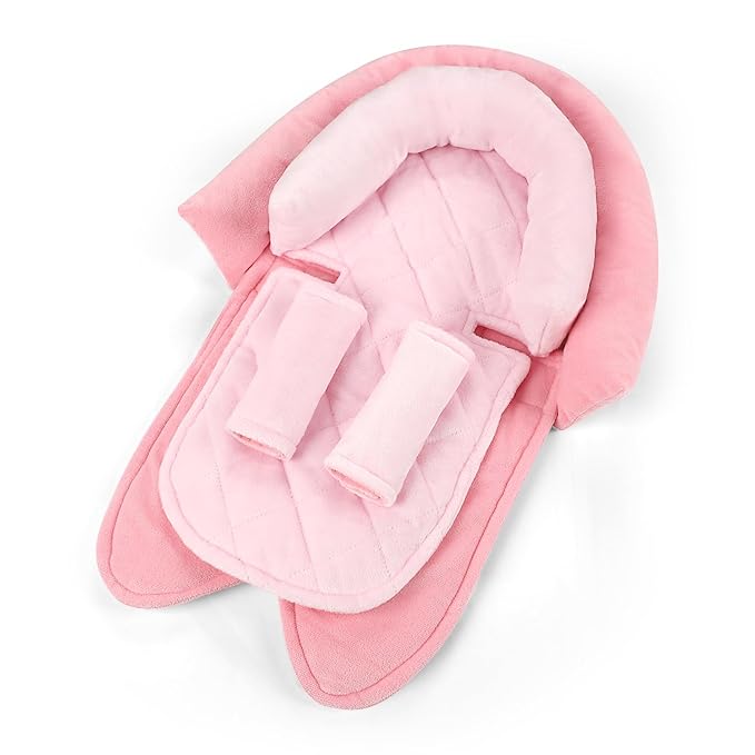 Pea Pod Baby Car Seat Head Body Support & Strap Covers, 2 in 1 Infant Car Seat Insert, Reversible Soft Breathable Newborn Cushion Pads for Preemie, Perfect for Baby Carseats, Strollers, Swings (Pink)