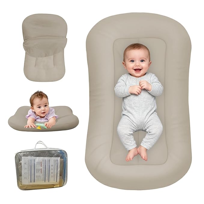 Baby Lounger for Newborn, Bionic Design Baby Lounger, Soft Organic Cotton Breathable Lounger for Infants 0-18 Months (Cream Grey)