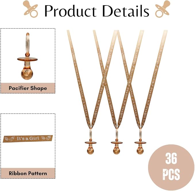 36 Pieces It's a Girl Baby Shower Pacifiers Necklace Acrylic Baby Party Favors Charm Pacifiers Necklace Baby Shower Party Decorations Table Scatter (Tan)