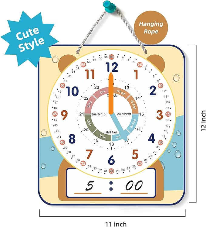 ANCOMEDO Large 12" Magnetic Writable Dry Erase Teaching Clock with Cute Style, Teaching Demonstration Clock for Kids Learning Practice Time for Home School Classroom Supplies (12" x11"-Beige)