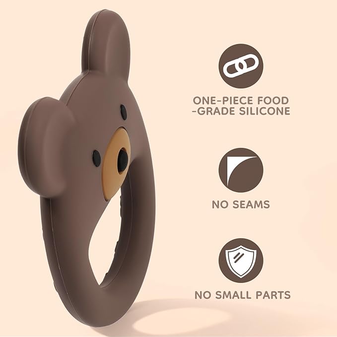 Bear-Shaped Silicone Teether for Baby 0–12 Months, Soft Textured Teething Ring with Easy-Grip Open Design, One-Piece Food-Grade Silicone Teething Toy for Infants (Brown)