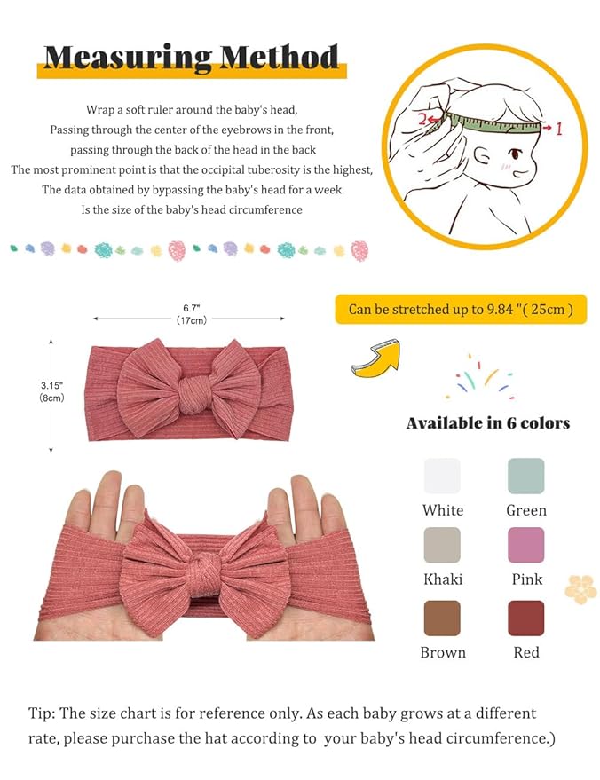 6 Pack Pink Baby Girl Headbands and Bows, Handmade Infant Headband Bows for Baby Girls Head Wraps Newborn Toddler Bonnet Unisex (03H-01)