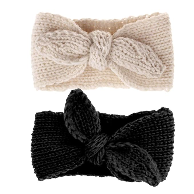 Turban Headband Baby Girl - Warm Rabbit Knot Hair Band Wrap Newborn Toddler Children 2Pcs (Beige+Black, One Size)