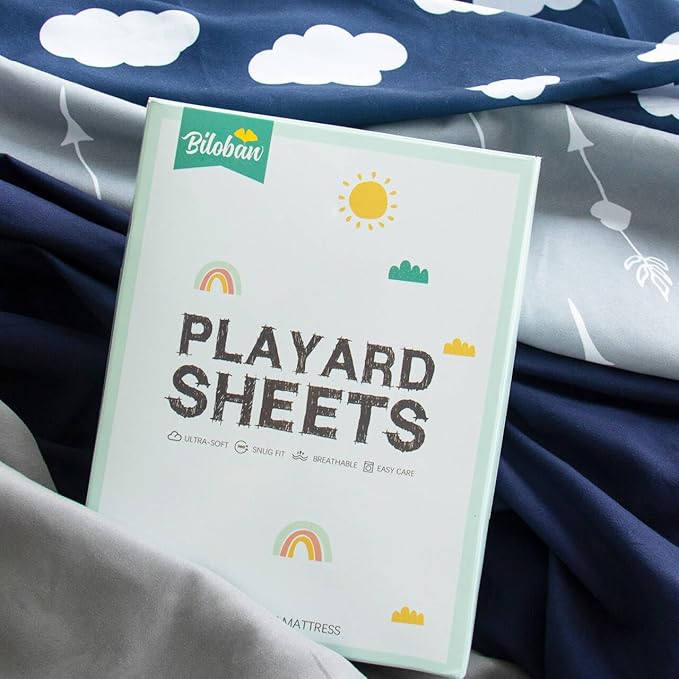 4 Pack Pack and Play Fitted Sheets Fits Graco Pack n Play Playard, Pamo Babe, Zodiak, Baby Trend Portable Playard and Other 27 x 39 Playpen Mattress, Ultra Soft and Skin-Friendly, Navy Cloud