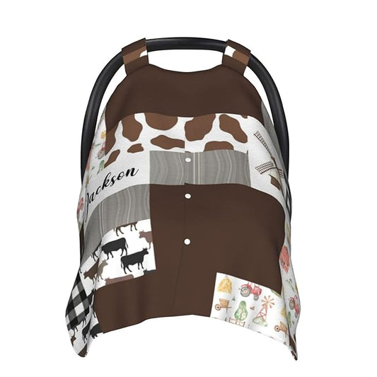 Personalized Watercolor Farming Tractor Baby Car Seat Canopy for Babies with Name, Custom Car Seat Covers for Girls Boys, Peekaboo Opening Minky Nursing Cover Infant Car Seat Canopies for Newborn