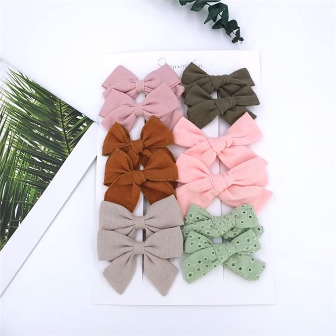 12 PCS Linen Bow Hair Clips for Baby Girls Toddler Kids Hair Bows Alligator Clips In Fringe Bangs Accessories (Assorted A)
