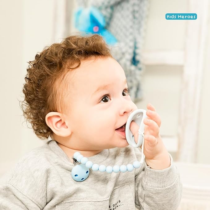 Kids Heroes Silicone Pacifier Holder Clip with One Piece Design for Baby, 2 Pack (Blue and Grey)