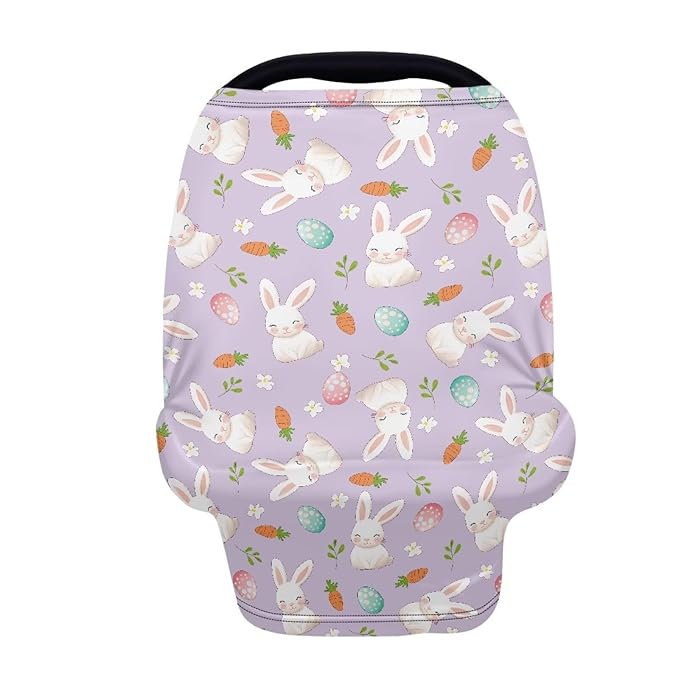 Wanyint Easter Rabbit Eggs Carrot Violet Nursing Cover Carseat Canopy Cover Adorable Car Seat Covers for Babies Girls Boys Breathable Nursing Cover for Boys Girls