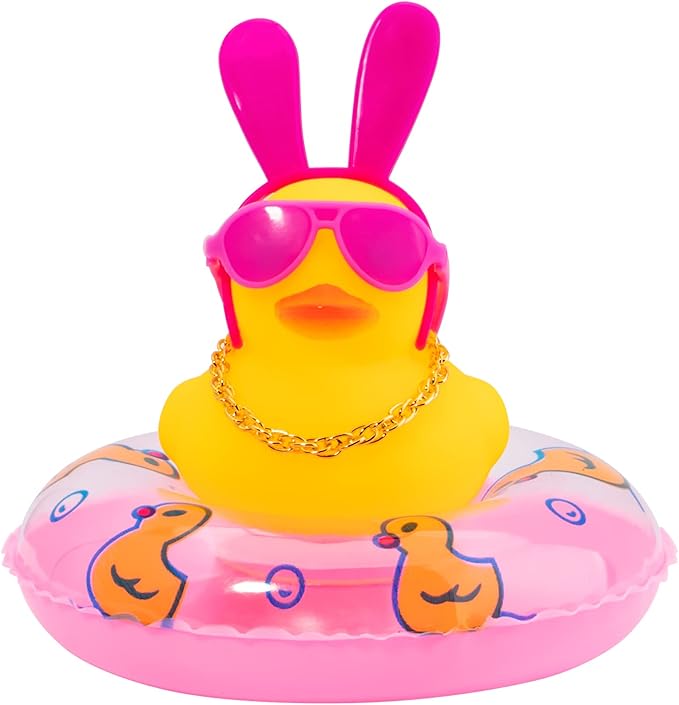 wonuu Car Duck Rubber Duck Car Ornaments Duck Car Dashboard Decorations with Cute Headband Swim Ring Necklace Sunglasses, B-Red Long Rabbit Ear Headband-Pink