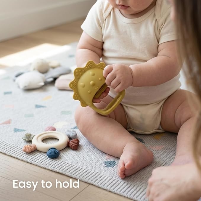 Baby Teething Toys 2 Pack, Dinosaur Mitten Teether and Ring Sun Teether with 6 Chewing Points, Silicone Chew Toys for Infants 0-6 6-12 Months, BPA Free Soothing Gum Relief Set (Yellow)