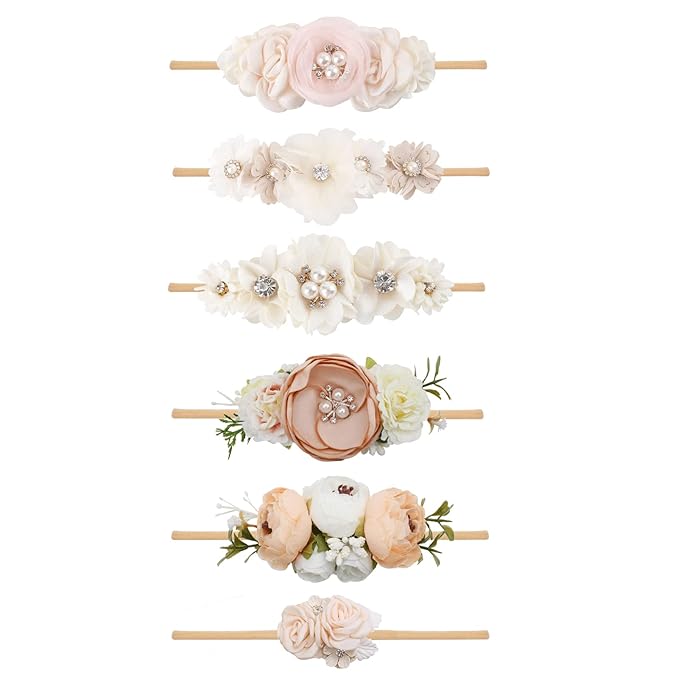 Baby Girl Flower Headband 6 PCS Elastic Hairbands Handmade Nylon Bows Headbands Chic Floral Hair Accessories Kids Gifts for Newborn Infant Toddlers