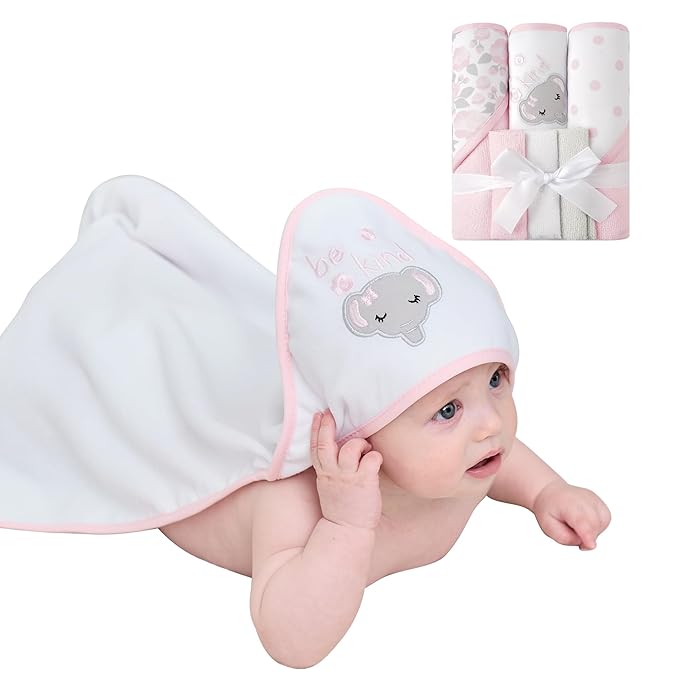 Viviland Baby Towels and Baby Wash Cloths Set Hooded Baby Towels Baby Wipes Absorbent Bath Face Towels Burp Cloths or Face Towels for Girl Boy 6-Pack Size 28 x 28 Inch(Elephant Flower)