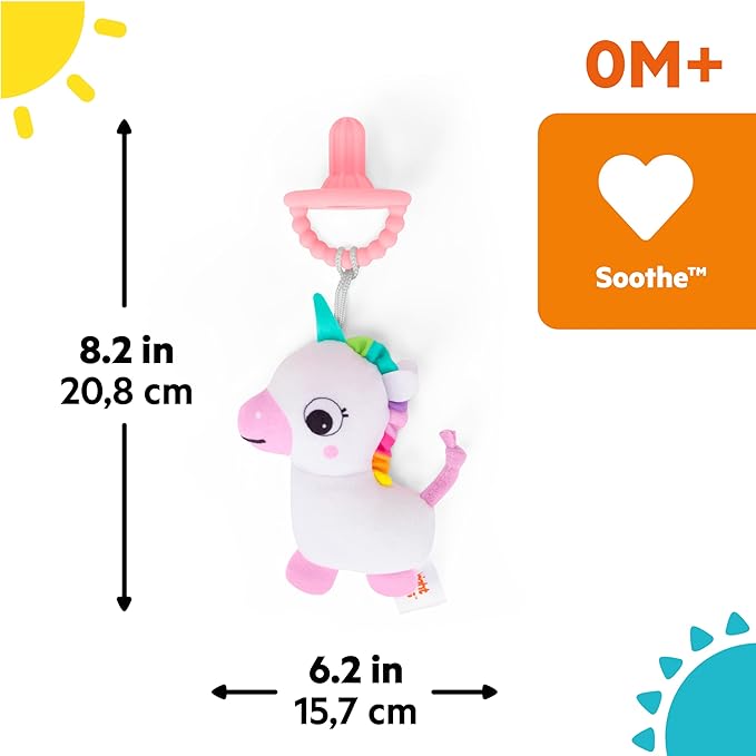 Bright Starts SootheMate Plush Baby Teether Toy, Unicorn, Detachable Pacifer-Shaped Teether for Newborns & Up
