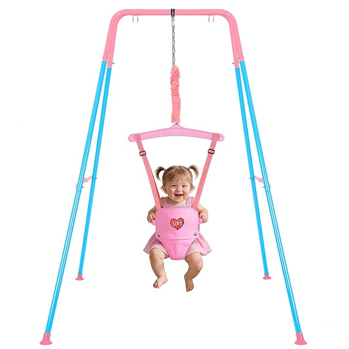 Baby Jumper, Indoor&Outdoor Baby Bouncer, Infant Jumper with Adjustment Strap for Boys Girls, Exercise Saddle Seat for Backyard, Easy to Assemble & Store (Pink)