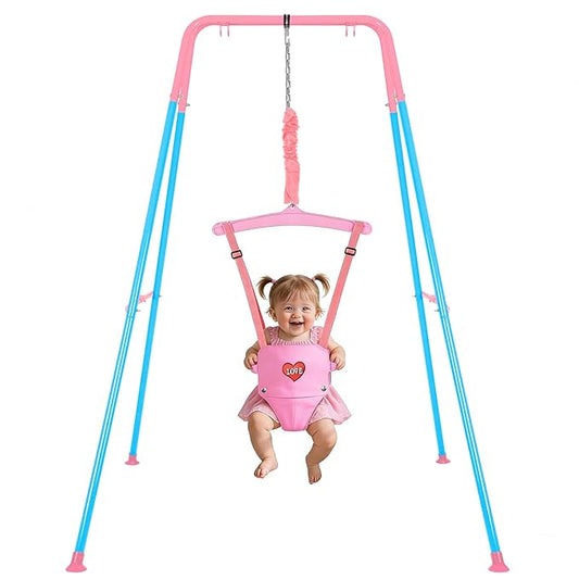 Baby Jumper, Indoor&Outdoor Baby Bouncer, Infant Jumper with Adjustment Strap for Boys Girls, Exercise Saddle Seat for Backyard, Easy to Assemble & Store (Pink)