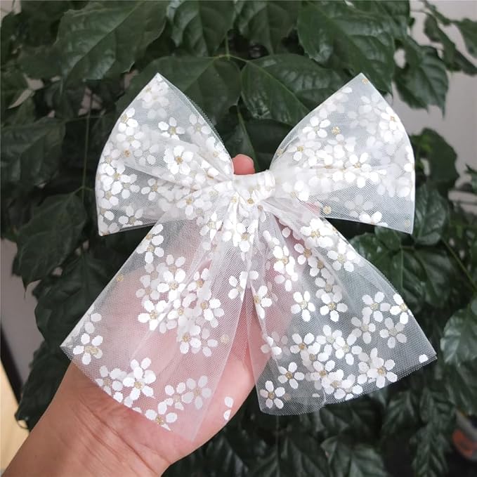 Large Tulle Bow Hair Clips for Baby Girls - Lace Hair Bow Women Cottagecore Lightweight Gauze Hair Barrettes Accessories (Black and White Gold Foil)