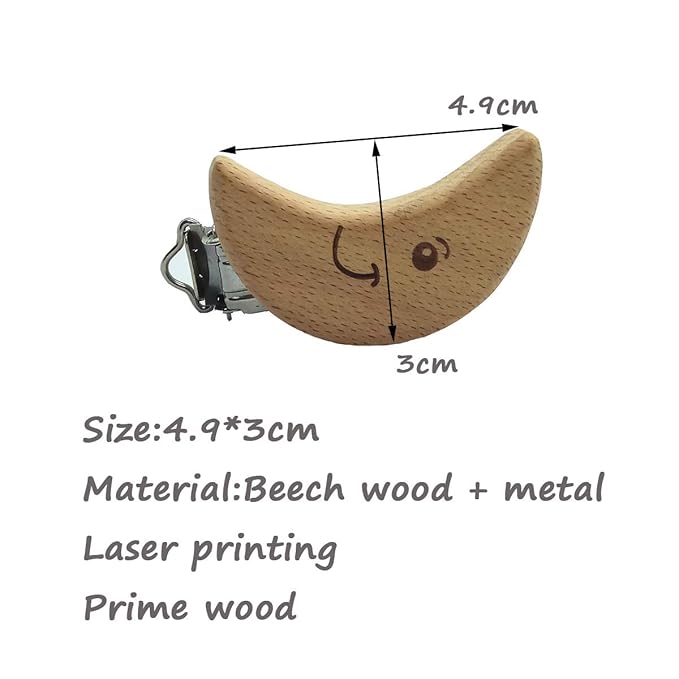 5pcs Natural Beech Wood Animal Pacifier Clips Grasping Toy Suspender Chain Clips Charm Antique DIY Beading Accessory (Moon)