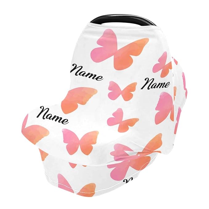 Personalized Name Baby Car Seat Stroller Cover Nursing Cover, Customized Butterfly Breastfeeding Scarf for New Mom, Soft Stretchy Infant Carrier Cover Car Canopy Coverage, Gifts Newborn Girls