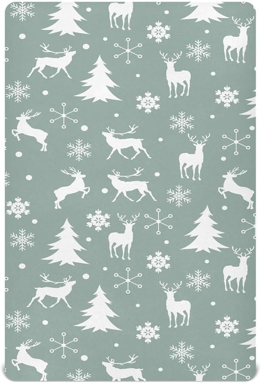 Fitted Crib Sheets Christmas Xmas Deer Snowflake Stretchy Portable Playard Sheets for Baby Toddler, Breathable Soft Mini Crib Mattress 52 x 28 in for Boys and Girls