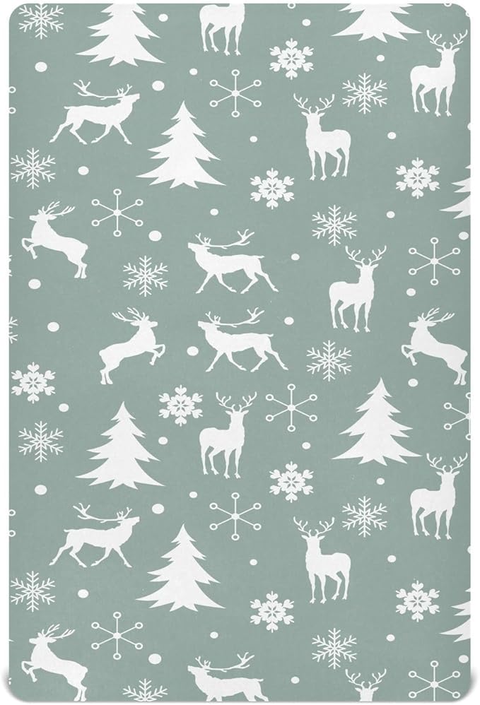 Fitted Crib Sheets Christmas Xmas Deer Snowflake Stretchy Portable Playard Sheets for Baby Toddler, Breathable Soft Mini Crib Mattress 39 x 27 in for Boys and Girls