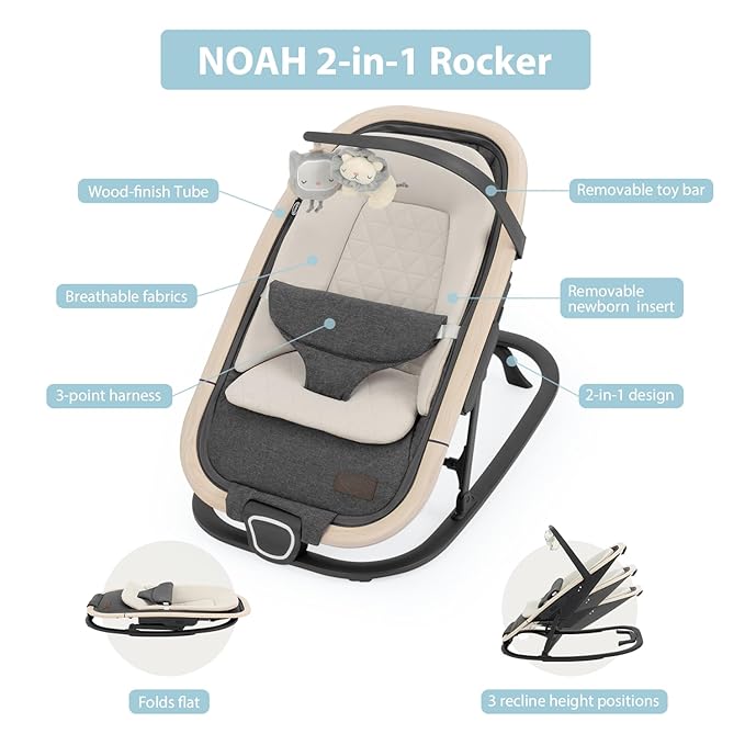 Noah 2-in-1 Baby Bouncer & Rocker - Portable Reclining Chair with Cushion & Toys for Infants 0-9 Months, Charcoal