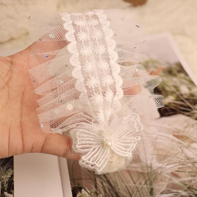 Baby Girls Headband Lacy Bow Pearl Wide Hair Band Turban for Infants Newborn Toddler Floral Ivory Elastic Head Wrap Breathable Sun Bonnet Hair Accessories (White C)