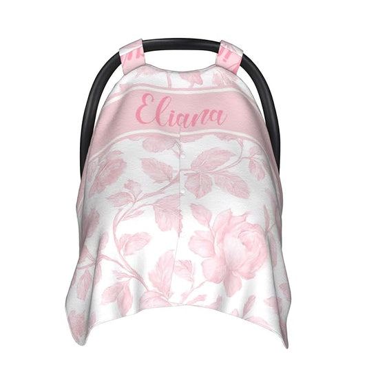 Custom Baby Car Seat Cover with Name – Personalized Pink Floral Nursing Cover, Infant Carseat Canopy, Shopping Cart Cover – Soft, Breathable & Warm – Ideal Shower Gift for Baby Girls