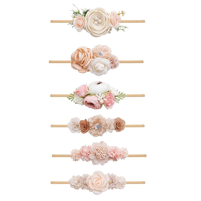 Baby Girl Flower Headband 6 PCS Elastic Hairbands Handmade Nylon Bows Headbands Chic Floral Hair Accessories Kids Gifts for Newborn Infant Toddlers