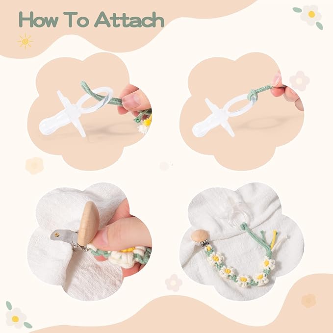 Pacifier Clips Baby Girls Floral Daisy Binky Clips Pacifier Holder Boho Wooden Clips Macrame Paci Clip Handmade Braided Cotton Pacifier Strap Pink