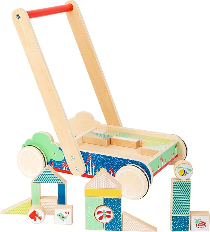 Small Foot 11435 11435Building Walker Move it, Made of Wood, with 27 Building Blocks with Prints, for Baby's First Steps Toys, Multicolored
