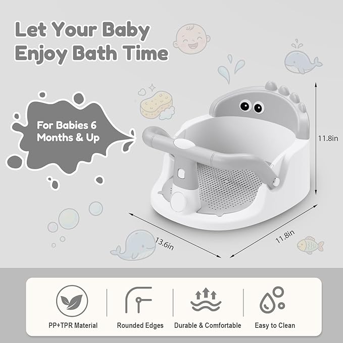 Baby Bath Seat for Babies 6 Months & Up Sitting Up | 360° Stable Toddler Bath Chair with One-Touch Button | Baby Bath Tub Seat with Suction Cups | Open Design, Compact, Detachable, Non-Slip(Grey)