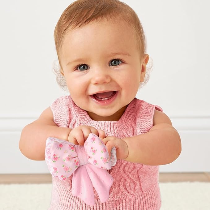 Itzy Ritzy Crinkle Teether Toy – Bow Teething Toy Includes Silicone, Velour & Crinkle Material – Features Multiple Textures for Teething Relief – Designed for Ages 3 Months and Up (Bows)