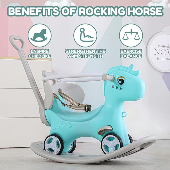 Leavader Rocking Horse for Toddlers, Multifunctional 4 in 1 Design Kids Rocking Horse, Toddler Ride on Toys, Balance Bike, Push Cart with Detachable Board, Ideal Gift for Children, Blue