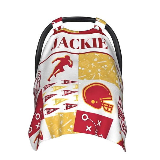 Personalized Baby Car Seat Canopy for Babies with Name, Custom Car Seat Covers for Boys Girls, Infant Opening Minky Nursing Breastfeeding Stroller Cover Carseat Canopies for Newborn (Football Theme)