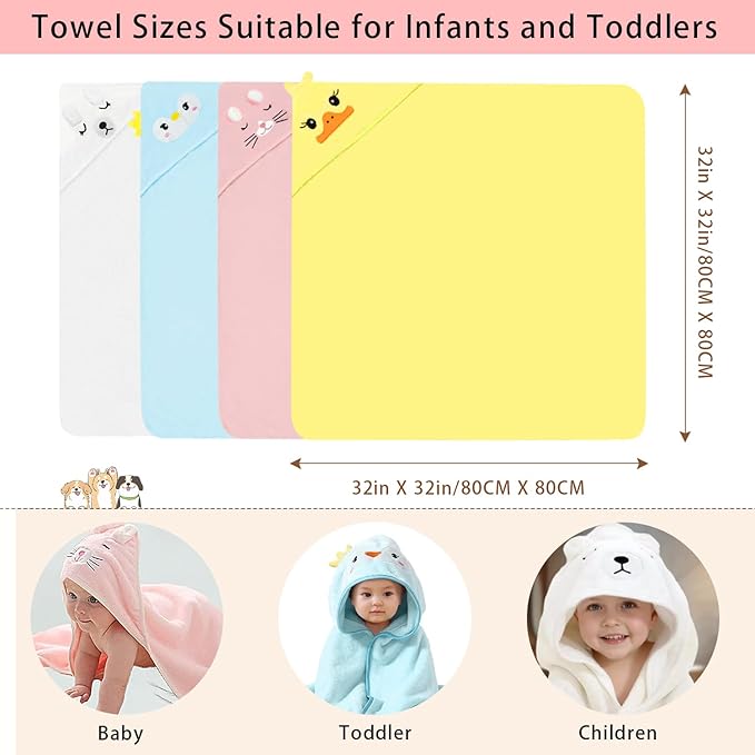 Hooded Baby Towel Set, 32x32 Inch Absorbent Bath Towels, 4 PCS Soft Hooded Towels, Perfect for Newborns, Toddlers, Babies, Essential Baby Bath Accessories (Pink + Blue + White + Yellow)