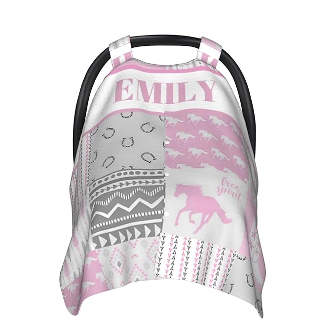Personalized Baby Car Seat Canopy for Babies with Name, Custom Car Seat Covers for Girls, Infant Opening Minky Nursing Breastfeeding Stroller Cover Carseat Canopies for Newborn (Horse Pink)